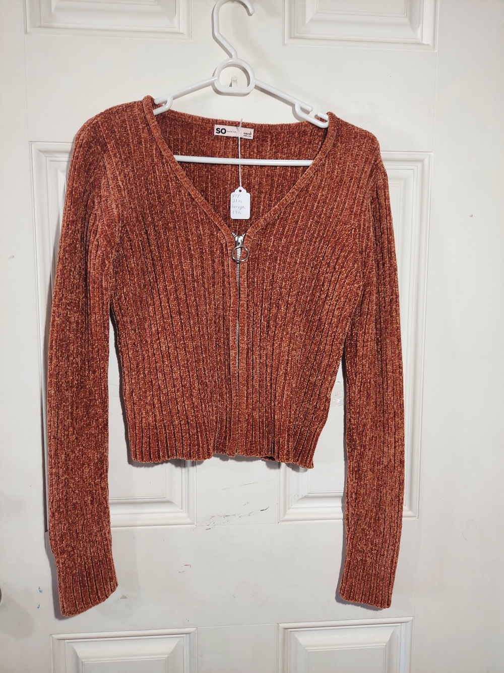 SO Cinnamon Rose Chenille Zip-Front Cropped Ribbed Fall Sweater Size Large